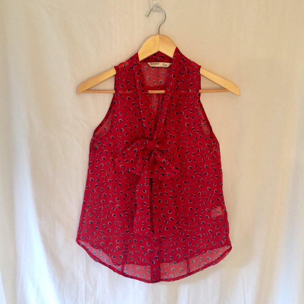 Red and Navy Dot Tie Front Blouse